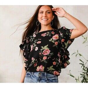 Willow & Root Ruffle Top Women XL Black Floral Rayon Short Sleeve Boho Blouse